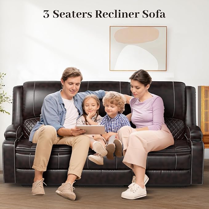 Recliner Sofa, 3 Seater Manual Reclining Sofa with 2-Tier Cushion, Reclining Couches for Living Room with Removable Console, Hidden Storage Space, Cup Holders - Brown