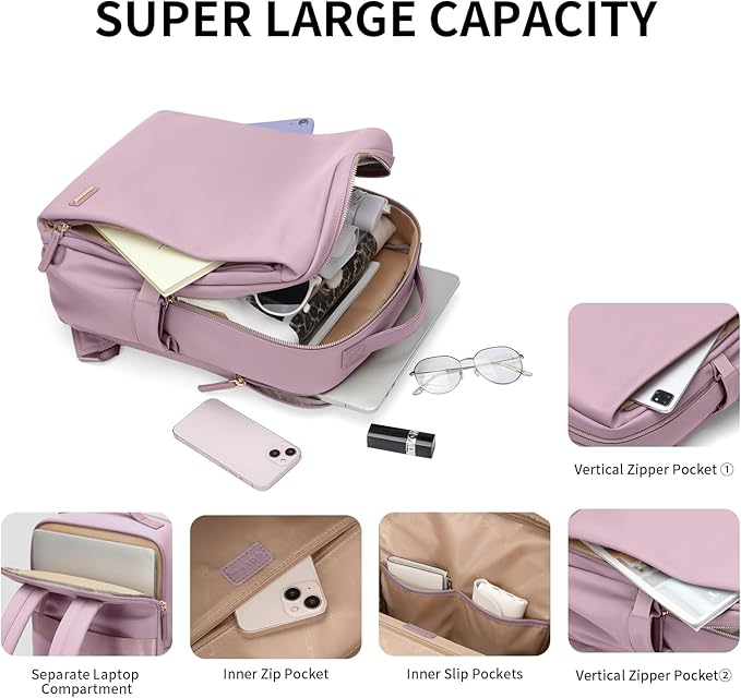 Stylish Laptop Backpack for Women Airline Approved Perfect for Work College and Travel Multi-Functional Casual Daypack Fits 14 Inch Notebook (Pinkish Purple)