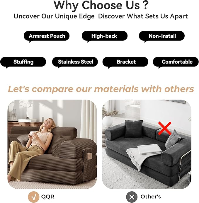 Upgrade High Backrest Design Sofa Bed with Fixed-Shape Frame & Removable Armrests and Backrest, Corduroy Fabric, Convertible Mattress Couch for Small Spaces - No Assembly Neede (High Backrest Brown)