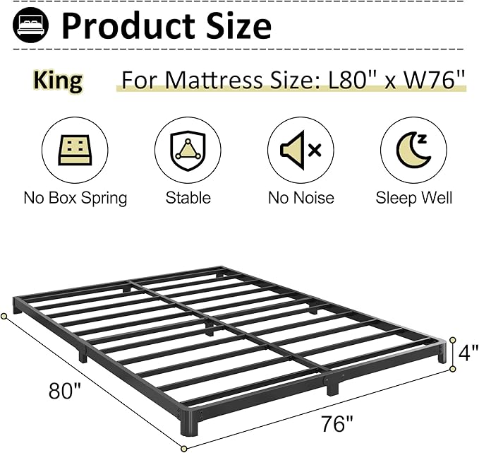 4 Inch Low Profile King Bed Frame with Rounded Corner Legs Heavy Duty Metal King Size Platform Bed Frame No Box Spring Needed, Easy Assembly, Noise Free, Black.