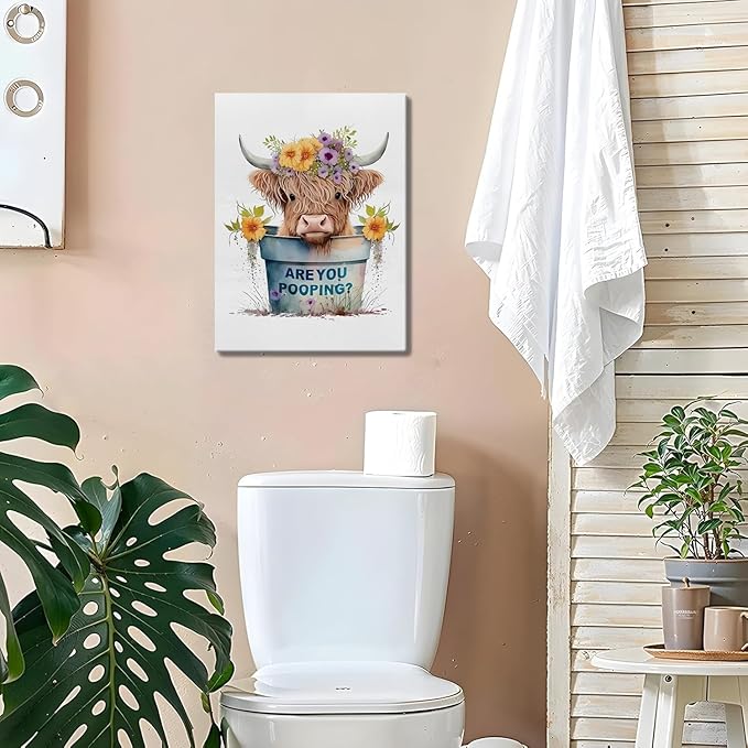 Jatinoo Highland Cow Decor Are You Pooping?Funny Bathroom Wall Art, Apartment Or Farmhouse Bathroom Decor Western & Highland Cow Lovers