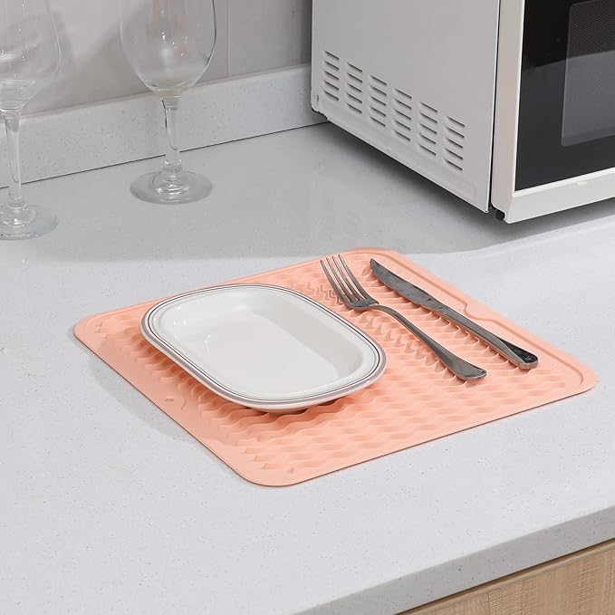 Silicone Dish Drying Mat for Multiple Usage,Easy clean,Eco-friendly,Heat-resistant Silicone Mat for Kitchen Counter or Sink,Refrigerator or Drawer liner Pink M 12 inches x 12 inches