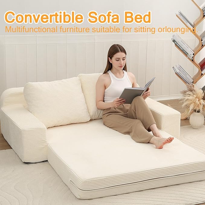 COMAX Convertible Sofa Bed Queen, Folding Floor Couch Corduroy Fold Out Couch Bed Sleeper Mattress with Back Pillows, Boneless Pull Out Loveseat Comfy Futon Lounge for Living Room Bedroom, Beige