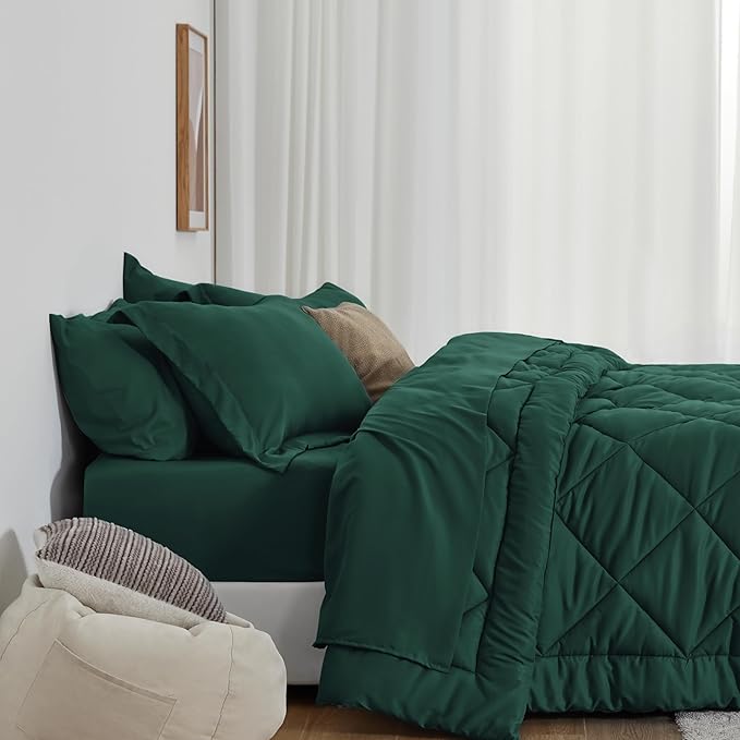 Love's cabin Full Comforter Set Dark Green, 7 Pieces Full Bed in a Bag, All Season Bedding Sets with 1 Comforter, 1 Flat Sheet, 1 Fitted Sheet, 2 Pillowcase and 2 Pillow Sham