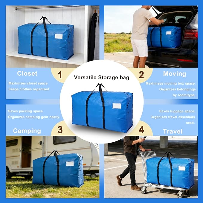4 Pack Heavy Duty Moving Bags with Backpack Straps & Handles, Large Storage Bags with Zipper for Clothes, College Moving Supplies and Dorm Essentials (33 Gal, Blue)