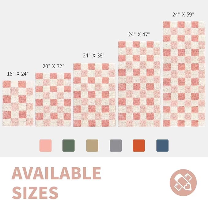 CozeCube Bath mats for Bathroom Non Slip, Fluffy Absorbent Microfiber Bath mat Washable, Aesthetic Bathroom Rugs, Long Blossom Pink Checkered Bath Runner, Blossom Pink, 59" x 24"