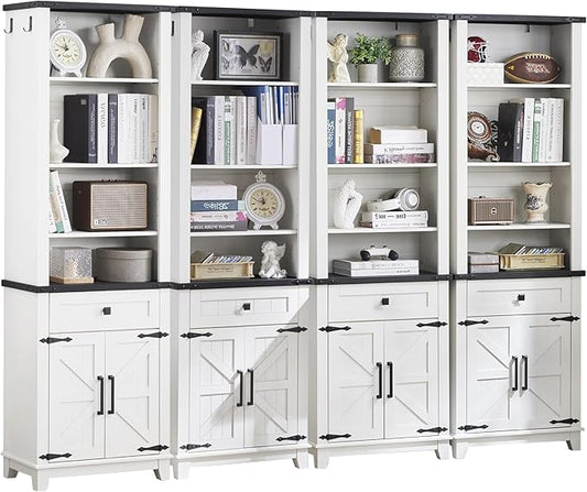 72in Tall Bookshelf 7 Tier Bookcase with Drawer and Barn Doors and Adjustable Shelves, White Farmhouse Book Shelf with Storage Cabinet, Wood Freestanding Display Bookshelves for Kitchen (4PCS)