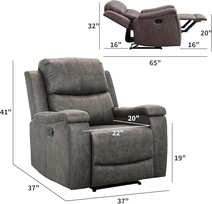 CANMOV Leather Recliner Chair, Classic and Traditional Manual Recliner Chair with Overstuffed Arms and Back, Manual Single Sofa with Concealed Cup Holders,Grey