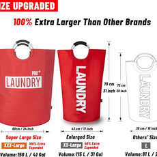 Caroeas Super Large 150L Laundry Basket Pro, Waterproof Laundry Hamper, Collapsible Laundry Basket Easy Storage, Clothes Hamper Stands Up Well, Laundry Bag with Padded Handles (Red)