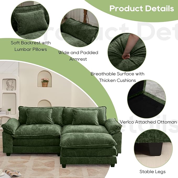 86" Modular Sectional Sofa, Comfy Cloud Couch Sectional Sofa with Ottoman, Chenille Sofa Sleeper Deep Seat Sofa with Throw Pillows for Living Room (Green, 86"- L Shape)