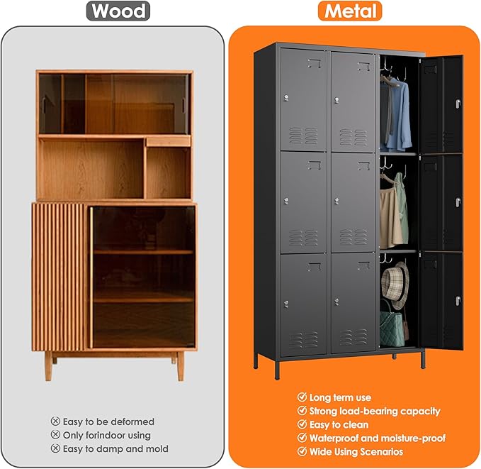Aobabo 9 Doors Metal Storage Locker for Employees, Metal Locker with 27 Hooks for School Office Gym Garage, Black, Assembly Required