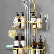 Adjustable Shower Caddy Hanging for Handheld Showerheads - Never Rust Shower Hanging Organizer, Upgraded Bathroom Shower Rack with Soap Basket, Hooks and Toothbrush Holder (Gold)