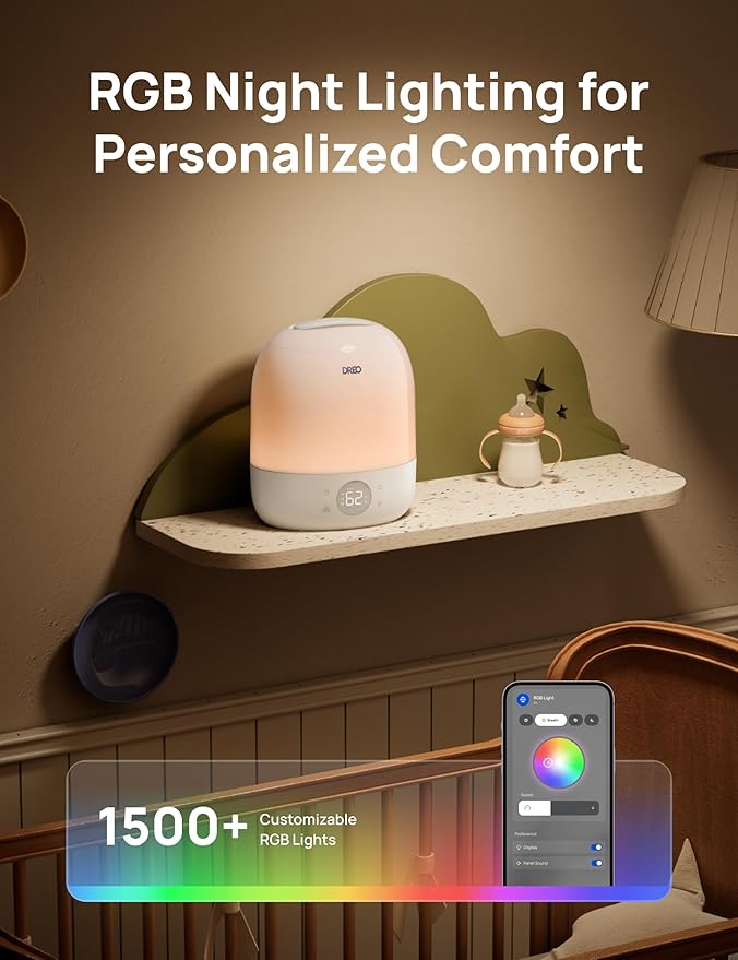 DREO Humidifier 409S, Humidifiers for Bedroom Baby, Ultra Quiet 28dB & 3L Top Fill Cool Mist Humidifier for Nursery, Smart Air humidifier for Plants, 1500+ RGB Night Light & Sleep Routine Trainer