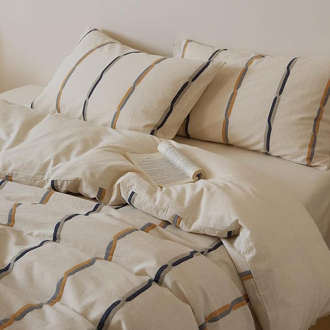 VM VOUGEMARKET King Duvet Cover Set Jacquard Black Orange Stripes Duvet Cover with 2 Pillowcases Yarn-Dyed Linen Cotton Minimalist Bedding Set,104"x90"
