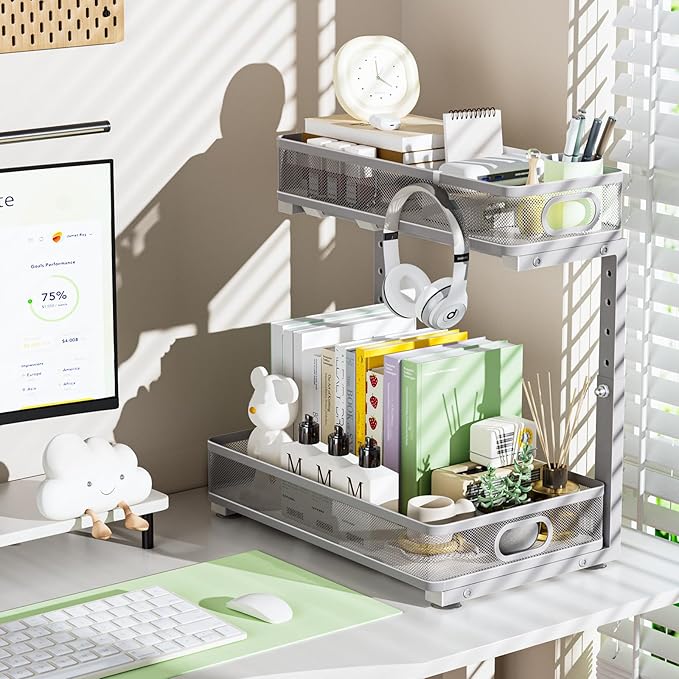 Uder Sink Organizer, High Adjustable 2 Tier Under Sink Organizers and Storage, Slide Out Metal Cabinet Organizers, Pull Out Sink Storage Drawer Shelf for Kitchen Bathroom Cabinet, Grey, 2 Pack