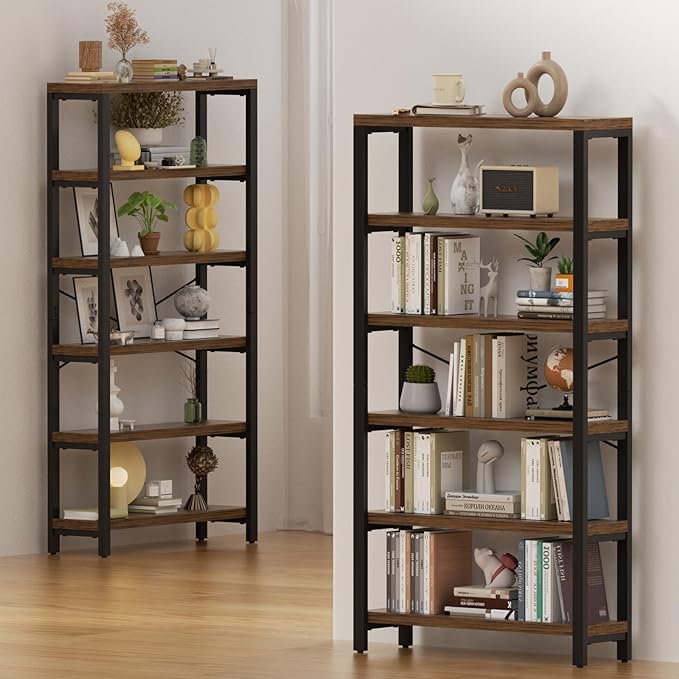 6-Tier Adjustable Heavy Duty Bookshelf, Industrial Wood and Metal Bookshelf, Vintage Bookcase with Lock Wall Design, Shelves for Room Wall Standing, Rustic Brown