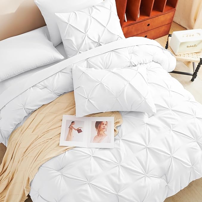 CozyLux Full Size Comforter Sets White, 7 Pieces Pintuck Bed in A Bag White Comforter Full Size, Pinch Pleat Bedding Sets with All Season Comforter, Sheets, Pillowcases & Shams