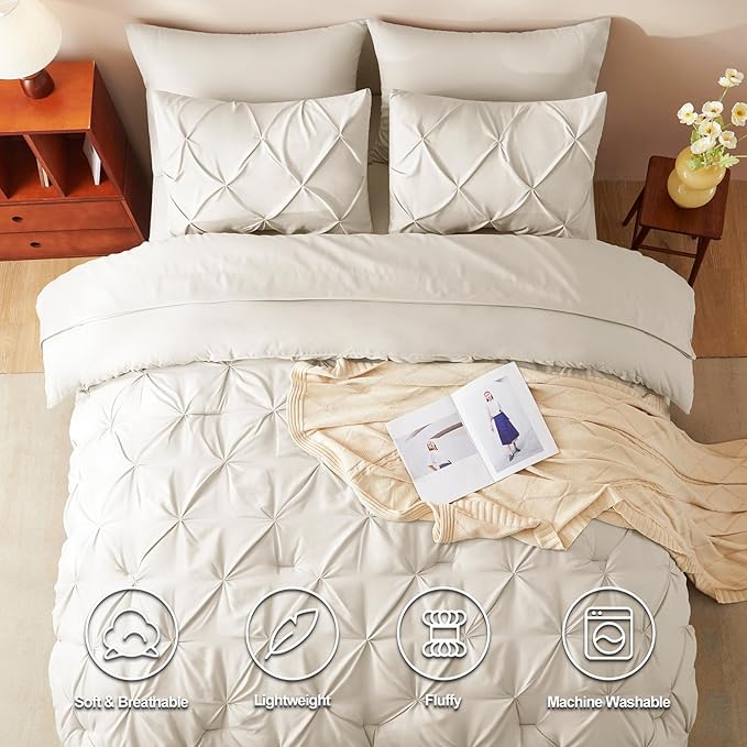 CozyLux King Size Comforter Set Beige, 7 Pieces Bed in A Bag Beige Comforter King Size, Pinch Pleat Bedding Set with All Season Comforter, Sheets, Pillowcases & Shams