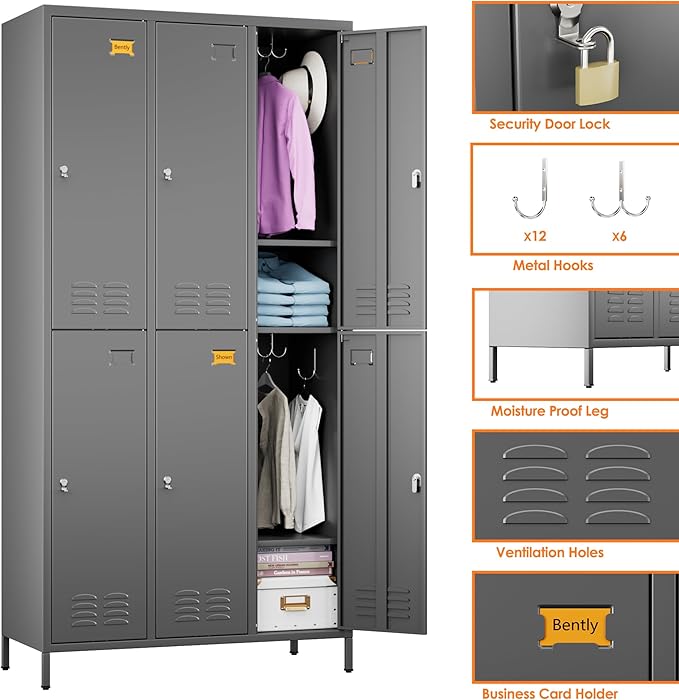 Aobabo Metal Locker for Employees, 6 Doors Metal Locker Cabinet with Lock, Industrial Storage with 18 Hooks, Storage for Office, Gym, Dormitory, Assembly Required, Dark Grey