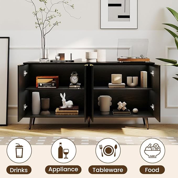 COCO DESIGN 61" Buffet Sideboard with Fluted Panel Doors, Power Outlet & Adjustable Shelves, Storage Cabinet with Metal Legs, Modern Farmhouse Console for Kitchen Dining Living Room Entryway, Black