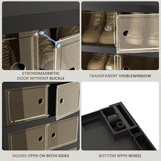 Foldable Shoe Organizer Storage Box Set of 2, Portable Extra Large Folding Shoe Rack for Closet, Shoe Storage Box with Magnetic Transparent Door and Wheels, 9 Layers 18 Grids with 4 Big Grids