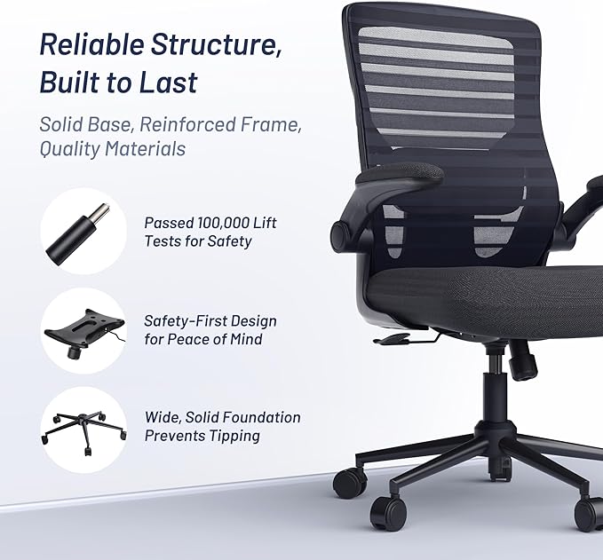 Office Desk Chair for Long Hours & Lower Back Pain Relief – 4“ Thick Molded Foam Cushion, Enhanced Lumbar Support, Padded Flip-up Armrests, Black