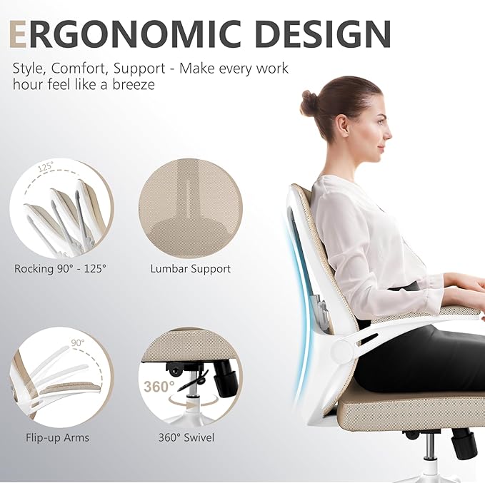 poki Mesh Office Chair, Home Office Desk Chair with Wheels, Ergonomic Office Chair with Lumbar Support and Adjustable Headrest, Comfortable Study and Desk Chair, Black