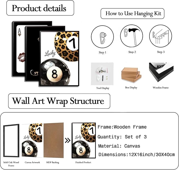 Trendy Leopard Wall Art Set of 3，Funky Lucky 8 Ball Wall Decor Paintings，Cheetah Preppy Room Posters Prints Pictures for Bedroom Living Room 12x16 inch Framed