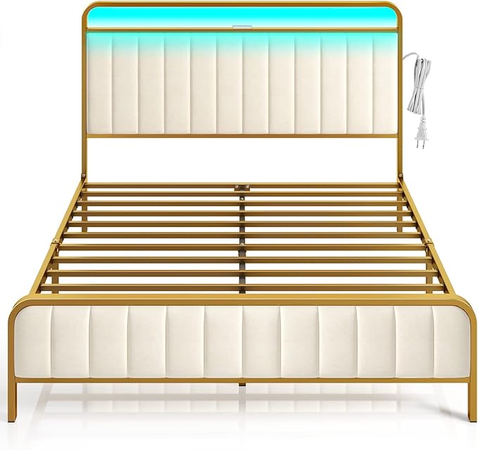 Rolanstar Queen Size Bed Frame with LED Light and Charging Station, Upholstered Headboard and Footboard, Metal Slat, Noise Free, Easy Assembly, Golden