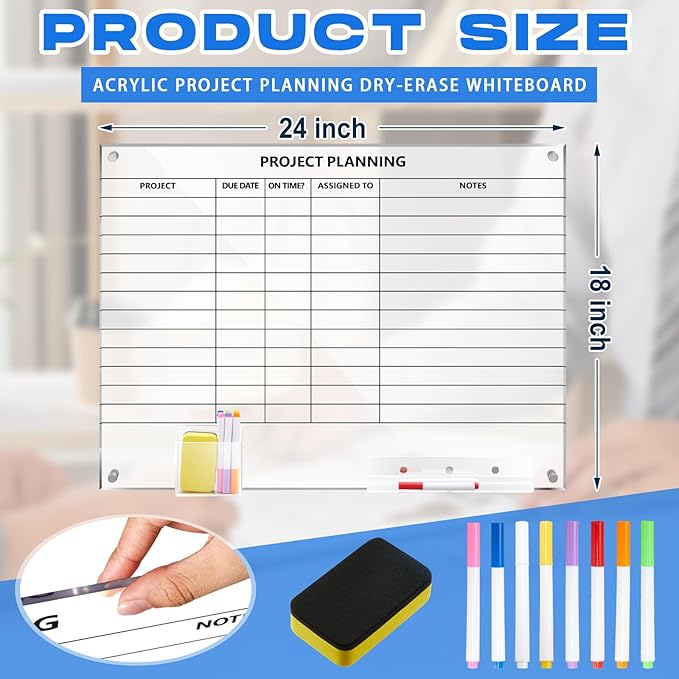 Lincia Acrylic Project Planning Whiteboard, 24 x 18 Inch Clear Wall Schedule Dry Erase Board with 8 Markers and Eraser, Whiteboard Planner with Lines for Home Office Project and Family Organization
