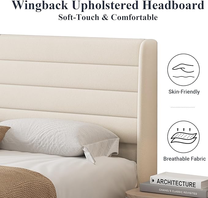 Queen Bed Frame with Upholstered Headboard, Velvet Platform Bedframe Mattress Foundation, Strong Wood Slat Support, No Box Spring Needed, Easy Assembly, Pale Beige