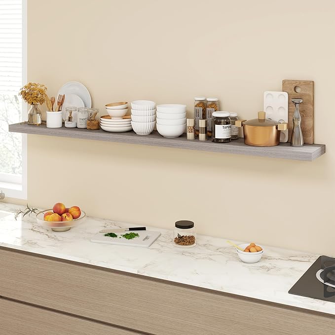 72 Inch Floating Shelves, 9.3" Deep Floating Shelf Wall Mounted, 72" Wall Shelves, Rustic Deep Bookshelf, Large Display Shelves & Storage Shelves for Bedroom, Living Room, Grey, Set of 1