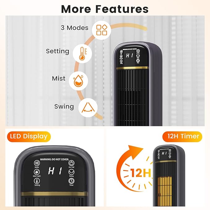 VCJ 36" Space Heaters with Humidifier, 12H Timer Electric Heater for Indoor Use, Remote, 150° Oscillation, Overheat & Tip-Over Protection, Quiet Portable Tower Heater for Bedroom Living Room Garage