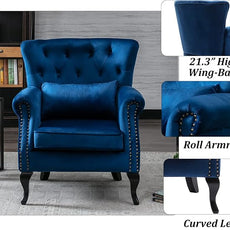 Mid-Century Accent Chair Modern Button Tufted Armchair Wingback Club Chair Velvet Single Sofa Lounge Chair with Pillow for Living Room Bedroom, Blue