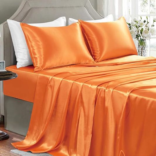 Satin Sheets King Size - 4 Pieces Luxury Silky Soft Bed Sheets, Wrinkle-Free Burnt Orange Satin Silk Sheet Set with 1 Deep Pocket Fitted Sheet, 1 Flat Sheet, 2 Pillow Cases
