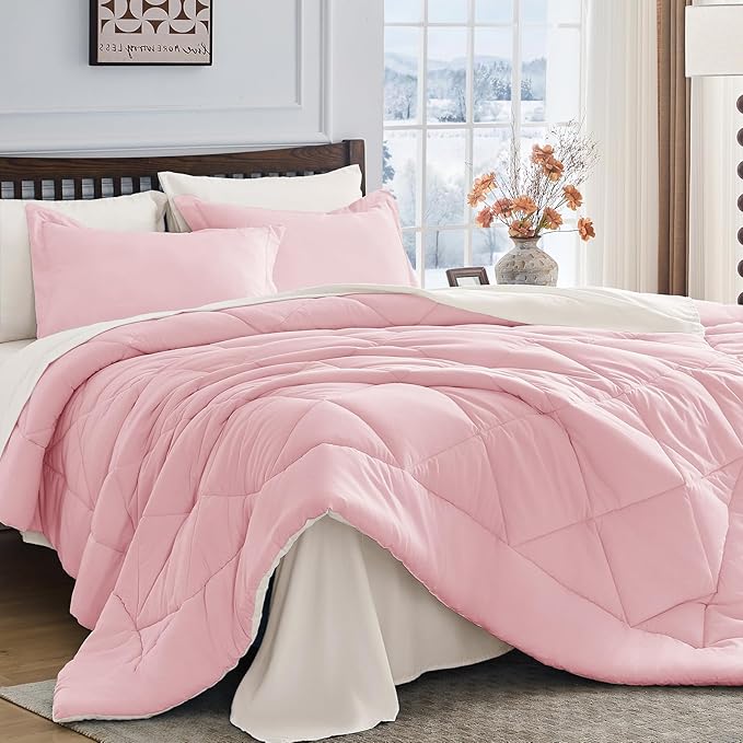 HEVUMYI Full Comforter Set - 7-Piece All Season Bed in a Bag Full, Ultra Soft Bedding Set with Comforter, Flat Sheet, Fitted Sheet, Pillowcases, Pillow Shams, Pink & Ivory