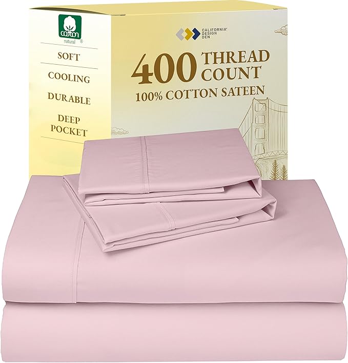 California Design Den Natural 100% Cotton Sheets, Soft Queen Sheet Set, 400 Thread Count Sateen, Deep Pockets with All-Around Elastic for a Snug Fit, Durable Bedding Set - Pink