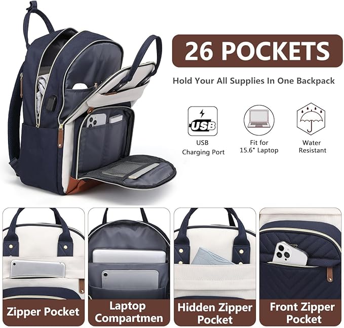 Laptop Backpack for Women Work Bookbag: 17.3 Inch College Backpacks with USB Charger School Book Bag Waterproof Travel Computer Back Pack Anti-Theft Casual Bookbags for Girls Teacher Nurse Navy Blue