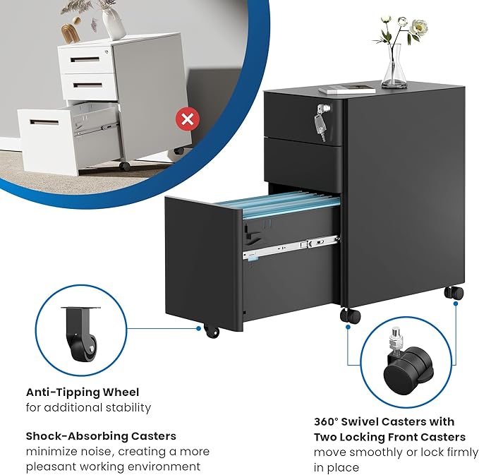 Mount-It! Slim Rolling Under Desk Cabinet, Mobile Filing Cabinet with 3 Drawers and Lock for Home & Office Storage, Black