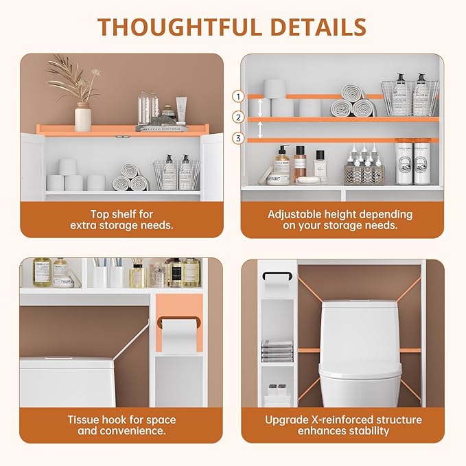 FURSUN 32" W Over The Toilet Storage Cabinet with Metal Frame, Bathroom Organizer with Adjustable Shelves and Paper Holder, 7 Storage Shelves, Farmhouse Storage Cabinet for Bathroom, Laundry, White