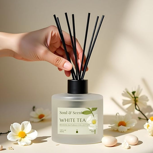 Soul & Scents Reed Diffuser Set – White Tea | 7.43 oz Refillable Scented Oil with 6 Fiber Sticks | Long-Lasting Home Fragrance & Air Freshener for Bedroom, Bathroom, Office | Gift & Décor Piece