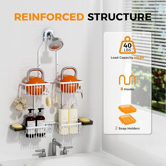REINHARDT Aluminum Shower Caddy Hanging Adjustable Shower Caddy, Rustproof Hanging Shower Organizer with Hooks Soap Holders, Over Shower Head Caddy for Handheld Showerhead, White