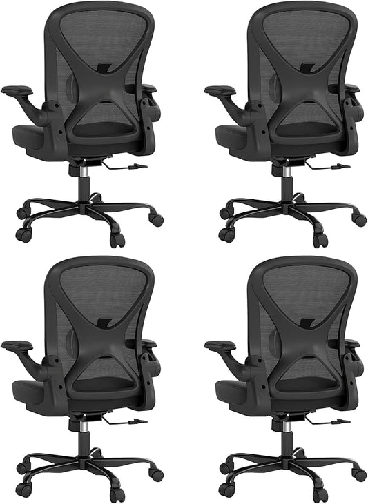 ZZH Ergonomic Office Chair Set of 4 with Adjustable Lumbar Support, Mesh Home Office Desk Chair with Wheels and Flip-up Arms, Black