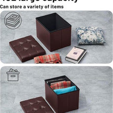 Storage Ottoman Foot Rest Stool, Small Leather Storage Ottomans Bench, Folding Footstool with Side Pockets, Foot Rest Under Desk for Living Room Bedroom, 16x12x12 in, Brown