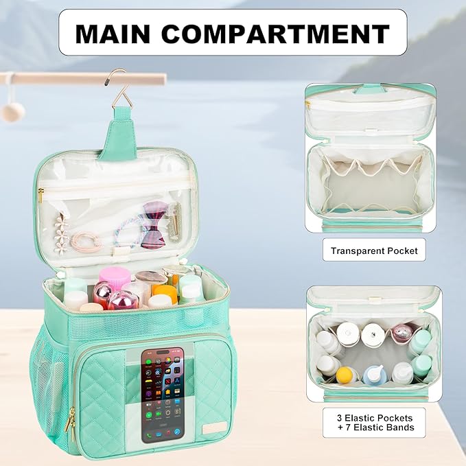 Portable Shower Caddy (Full Size Bottle Compatible),Travel Shower Tote Bag with Quick Dry Mesh Base,Hanging Toiletry Cosmetic Bag for Gym,College,Camping & Dorm, Mint Green