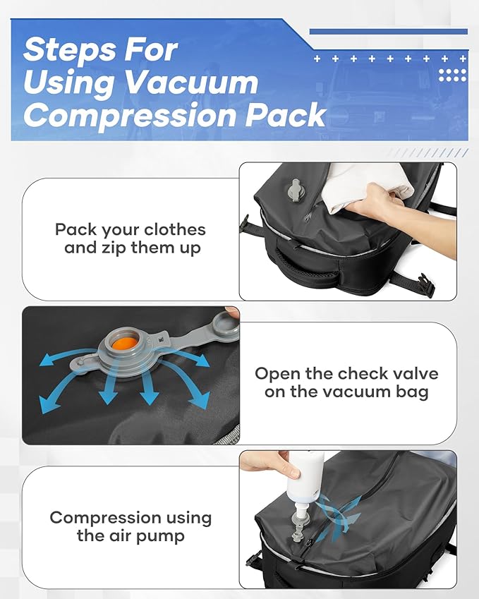 Vacuum Backpack Travel with Pump, Travel Backpack with Vacuum System, Carry on Luggage 18x14x8 Airline Approved Travel Bag, mochila de viaje compresion al vacio, Waterproof Laptop Backpacks,Black
