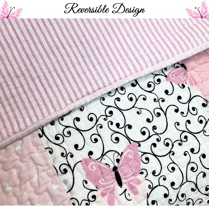 Cozy Line Home Fashions 100% Cotton Real Patchwork Floral Butterfly Shabby Chic Girly Reversible Quilt Bedding Set, Coverlet Bedspread (Black Pink, Queen - 3 Piece)