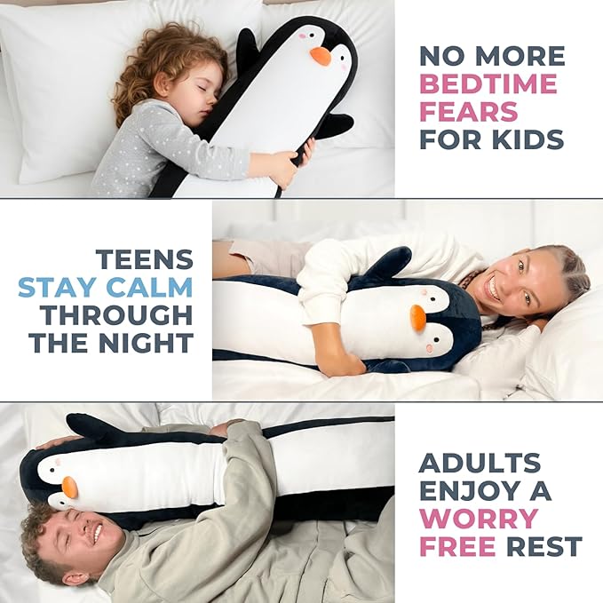 Penguin Plush Body Pillow for Kids | Long Stuffed Animal Cuddle Pillow | Soft Hugging Toy | Plushie Gift for Girls & Boys | Long Plush Body Pillow for Sleep & Comfort | Large, 47 Inches