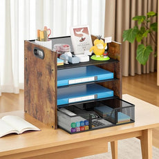 Wood Desk Organizer - 4-Tier Desktop File Organizer with Drawer, Wooden Paper Tray, Office Desk Organizer for Papers, Mail, Notebooks, Stationery