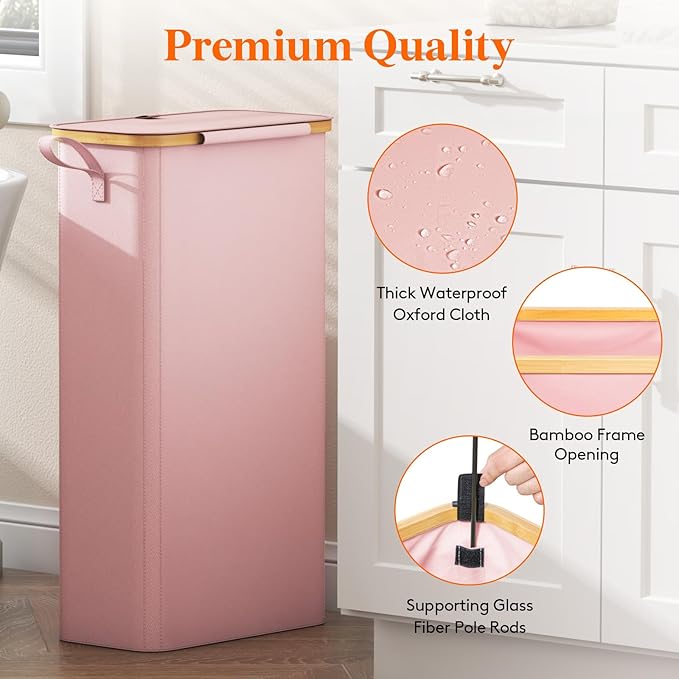 Lifewit 65L Slim Laundry Hamper with Lid, Narrow Laundry Basket with Removable Bag & Bamboo Handles, Fodable Thin Dirty Clothes Hamper for Laundry Collapsible Bin for Bathroom Bedroom Dorm, Pink